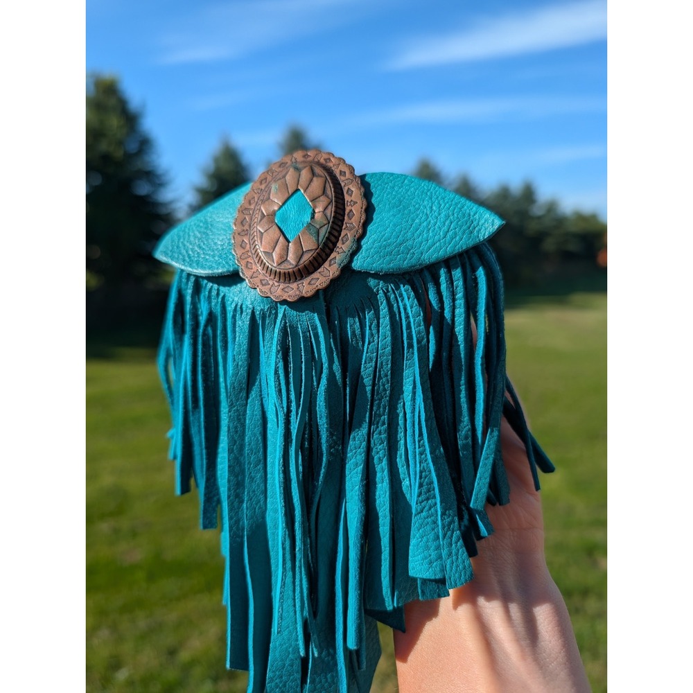 Hair Barrette Clip Western Turquoise Leather Metal Brooch Whimsy Chic Fringe